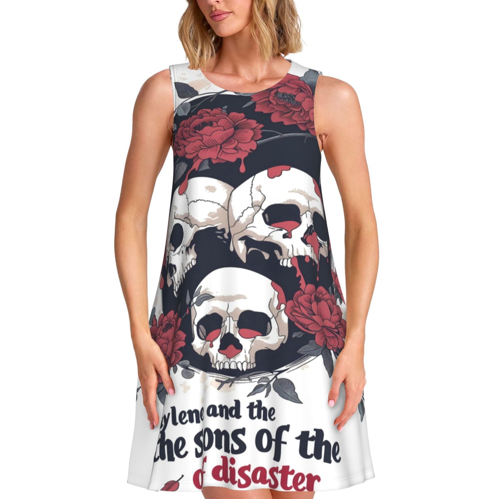 Skull Print Sleeveless Gothic Dress with High Waist Design main image 1