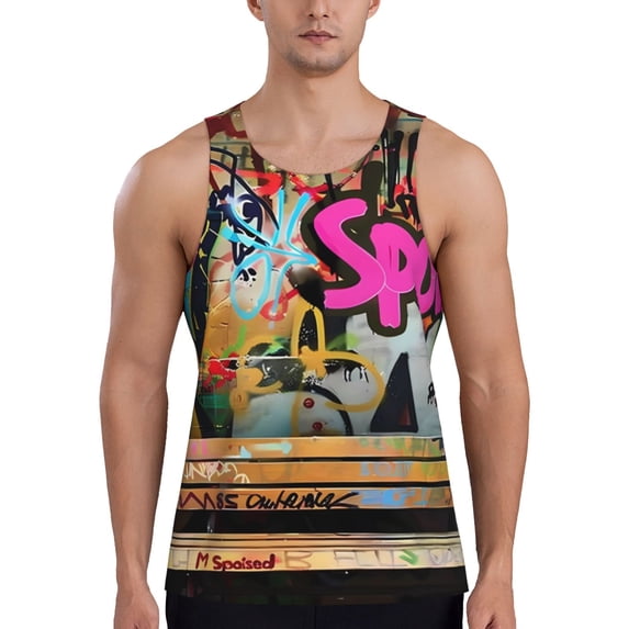 Bixox Graffiti Lamp Urban Scene Pattern Men's Gym Tank Tops Workout Sleeveless T-Shirts Athletic Muscle Tank Training Bodybuilding Shirts,S-4XL