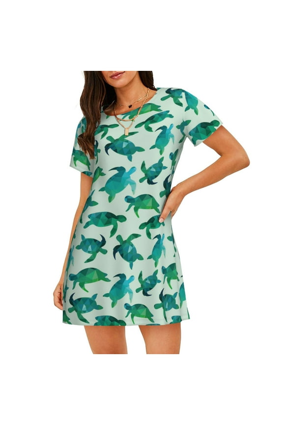 Green Sea Turtle Pattern Women's Nightgown, Soft & Breathable Sleepwear, Round Neck Knee-Length Pajama Dress,Loungewear for Home & Sleep