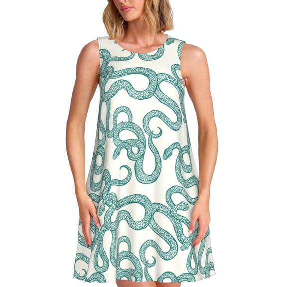 Bixox Hand Drawn Snake Print Women's Sleeveless A-Line Dress with Pockets, Casual Knee-Length Tank Dress for Summer-Large