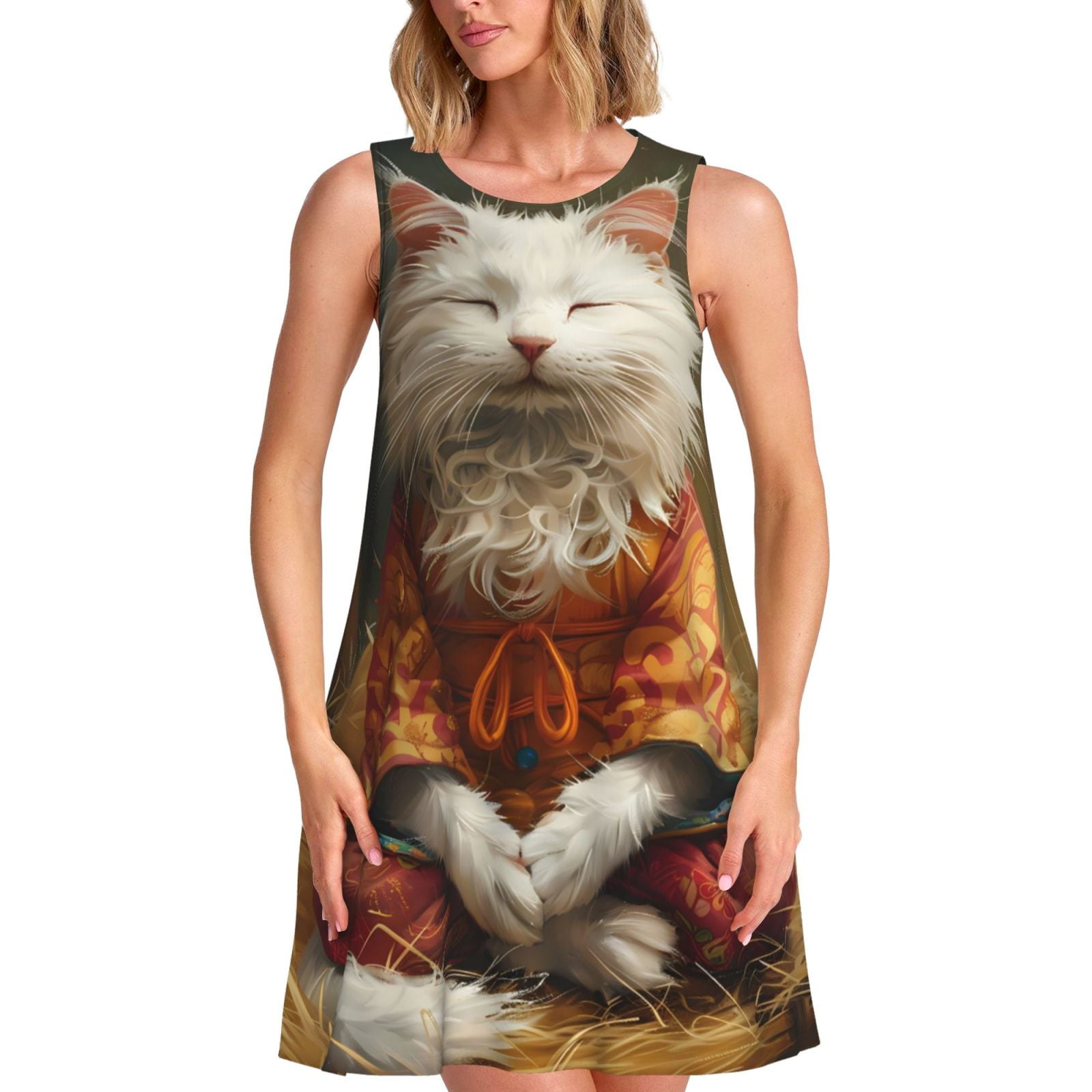 Bixox Haystack Meditating Cat Print Women's Sleeveless A-Line Dress ...
