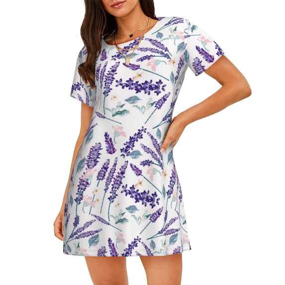 Bixox Lavender Flowers Pattern Women's Nightgown, Soft & Breathable Sleepwear, Round Neck Knee-Length Pajama Dress,Loungewear for Home & Sleep