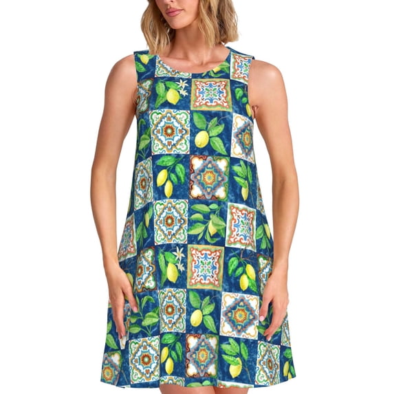 Bixox Lemon and Leaves Print Women's Sleeveless A-Line Dress with Pockets, Casual Knee-Length Tank Dress for Summer-Medium