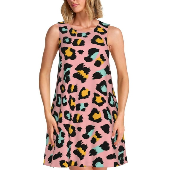 Bixox Leopard Print Women's Sleeveless A-Line Dress with Pockets, Casual Knee-Length Tank Dress for Summer-Medium