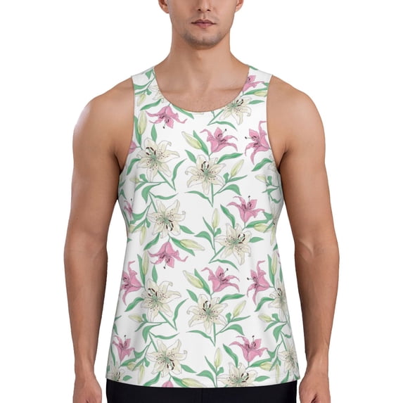 Bixox Lilies Flowers Pattern Men's Gym Tank Tops Workout Sleeveless T-Shirts Athletic Muscle Tank Training Bodybuilding Shirts,S-4XL