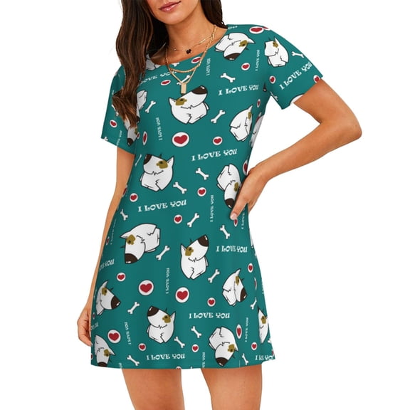Bixox Love Dog Pattern Women's Nightgown, Soft & Breathable Sleepwear, Round Neck Knee-Length Pajama Dress,Loungewear for Home & Sleep