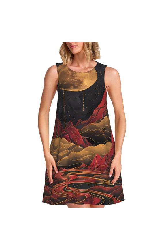 Lunar Mountains Golden Rivers Print Women's Sleeveless A-Line Dress with Pockets, Casual Knee-Length Tank Dress for Summer-3X-Large