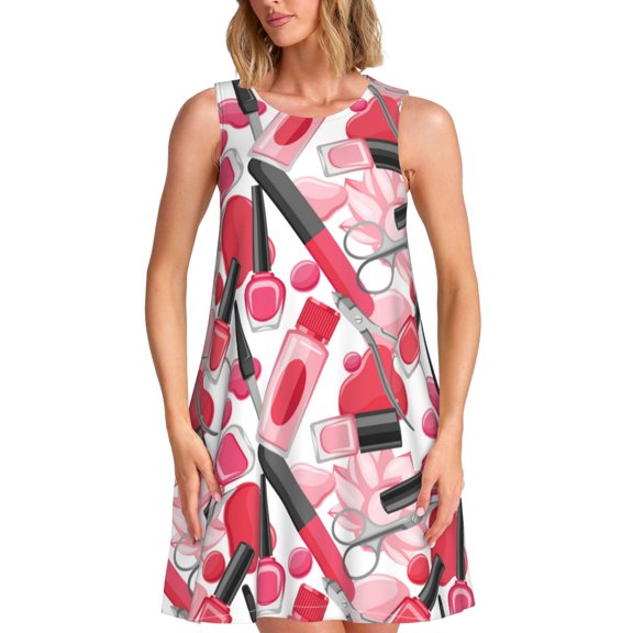 Bixox Makeup Print Women's Sleeveless A-Line Dress with Pockets, Casual Knee-Length Tank Dress for Summer-Small