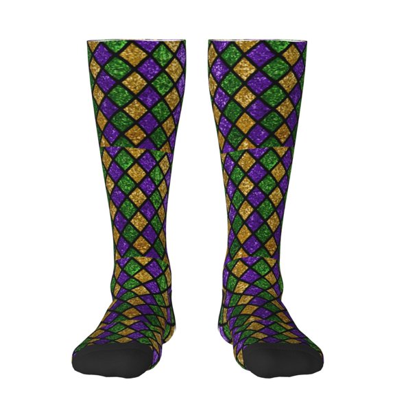 Bixox Mardi Gras Shiny Green Purple Patterned Men's and Women's Knee Socks High Socks Outdoor Sports Socks