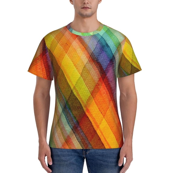 Bixox Men's Abstract Watercolors Tartan Printed Short Sleeve Skinny Athletic T-Shirt
