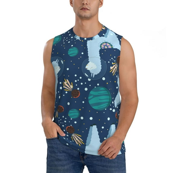 Bixox Men's Alpaca Astronaut in Space Printed Shirt Sleeveless Fitness Tank Top-X-Large