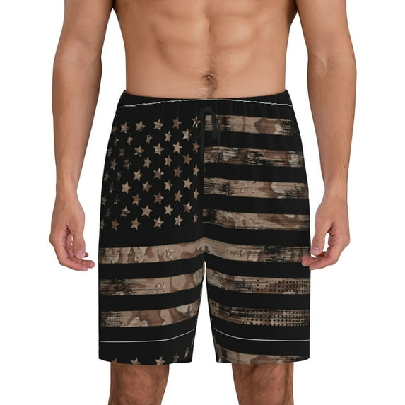 Bixox Men's American Flag with Desert Camouflage printed lightweight casual shorts, soft sleep shorts with pockets.