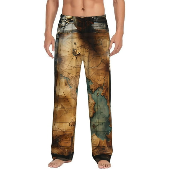 Bixox Men's Antique Map Adventure Scene Patterned Pajama Pants with Pockets Lounge Clothes for Home