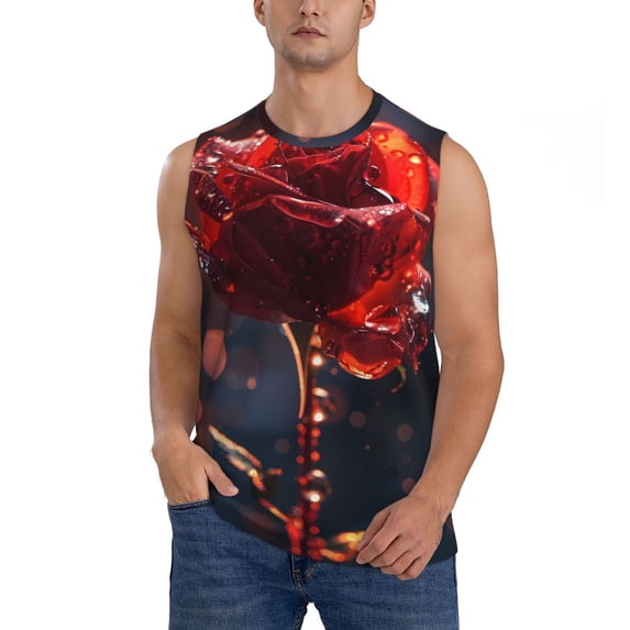 Bixox Men's Artistic Dewdrop Rose Printed Shirt Sleeveless Fitness Tank Top-Large