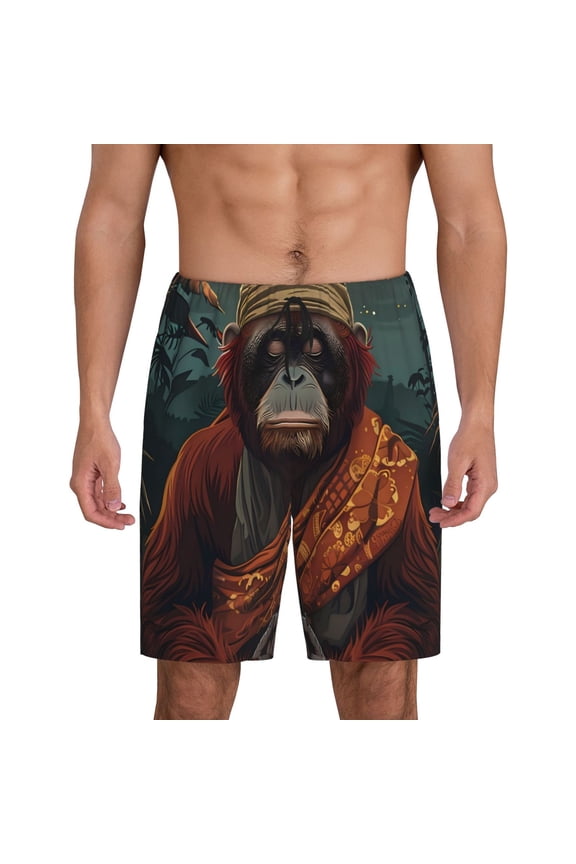 Men's Banana Leaf Meditating Gorilla printed lightweight casual shorts, soft sleep shorts with pockets.