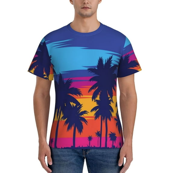 Bixox Men's Beach with Palm Trees Printed Short Sleeve Skinny Athletic T-Shirt