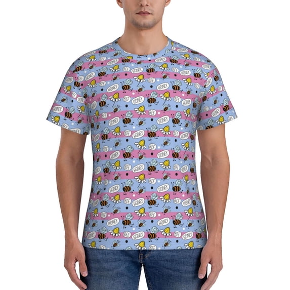 Bixox Men's Bees And Daisies Striped Printed Short Sleeve Skinny Athletic T-Shirt