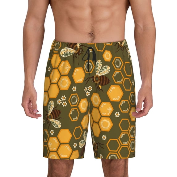 Bixox Men's Bees and Honeycombs printed lightweight casual shorts, soft sleep shorts with pockets.