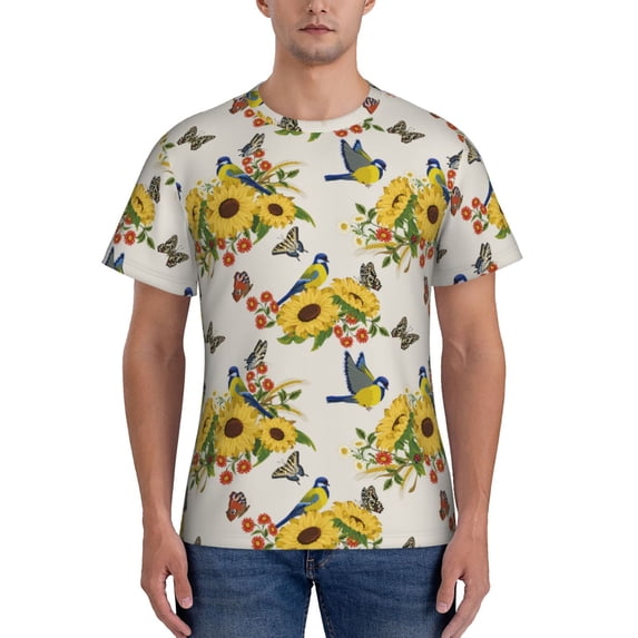 Bixox Men's Bird Sunflowers Printed Short Sleeve Skinny Athletic T-Shirt