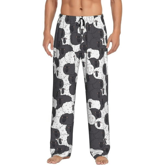Bixox Men's Black And White Sheeps Patterned Pajama Pants with Pockets Lounge Clothes for Home