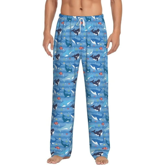 Bixox Men's Blue Fish Patterned Pajama Pants with Pockets Lounge Clothes for Home