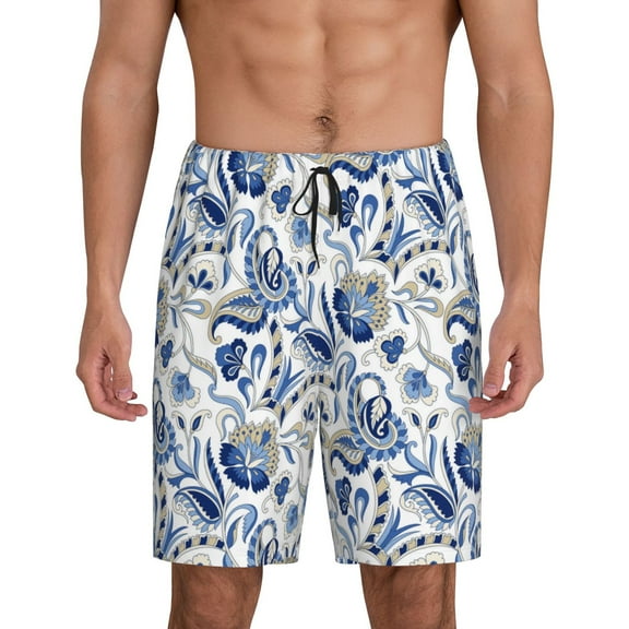 Bixox Men's Blue Paisley printed lightweight casual shorts, soft sleep shorts with pockets.