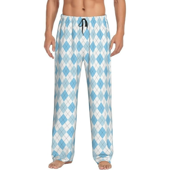 Bixox Men's Blue and White Squares Patterned Pajama Pants with Pockets Lounge Clothes for Home