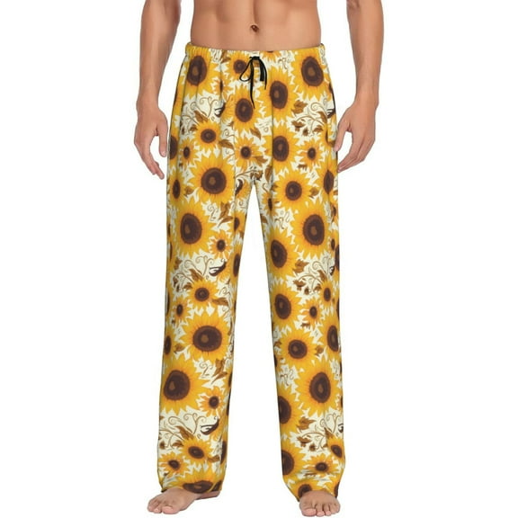 Bixox Men's Brown Leaf Pattern Sunflower Patterned Pajama Pants with Pockets Lounge Clothes for Home