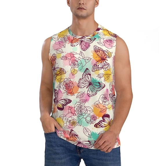 Bixox Men's Butterflies and Roses Printed Shirt Sleeveless Fitness Tank Top-3X-Large