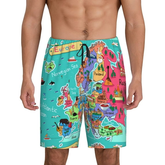 Bixox Men's Cartoon Map Of Europe printed lightweight casual shorts, soft sleep shorts with pockets.