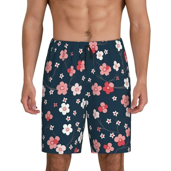 Bixox Men's Cherry Blossoms printed lightweight casual shorts, soft sleep shorts with pockets.