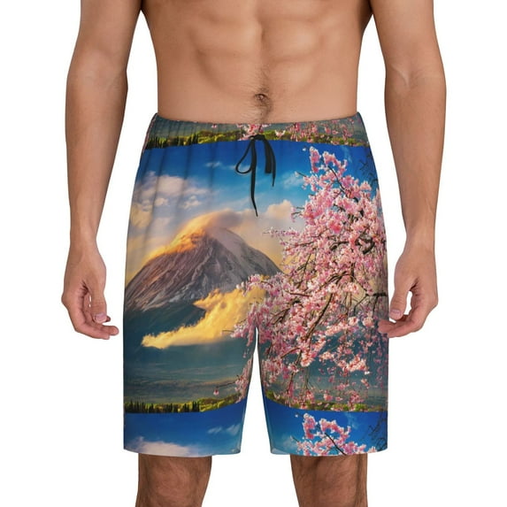 Bixox Men's Cherry Blossoms printed lightweight casual shorts, soft sleep shorts with pockets.