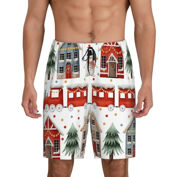 Bixox Men's Christmas Houses printed lightweight casual shorts, soft sleep shorts with pockets.