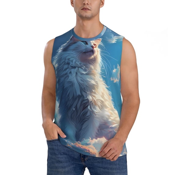 Bixox Men's Clear Sky Blue Cat Printed Shirt Sleeveless Fitness Tank Top-Small