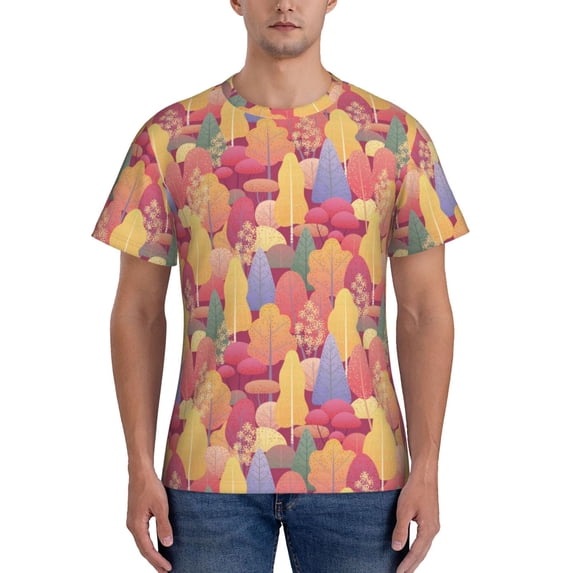 Bixox Men's Colorful Autumn Forest Trees Printed Short Sleeve Skinny Athletic T-Shirt