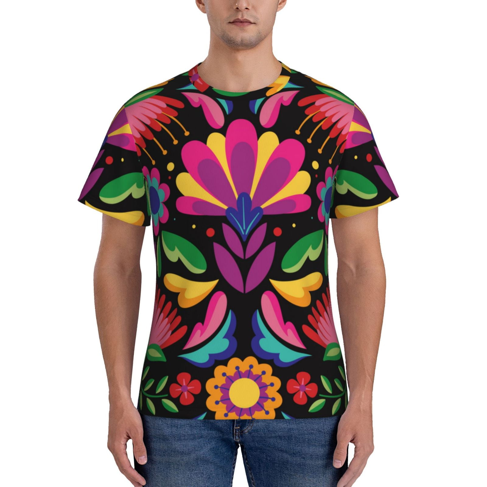 Bixox Men's Colorful Floral Embroidery Mexican Printed Short Sleeve