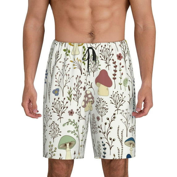Bixox Men's Colorful Mushrooms and Plants printed lightweight casual shorts, soft sleep shorts with pockets.