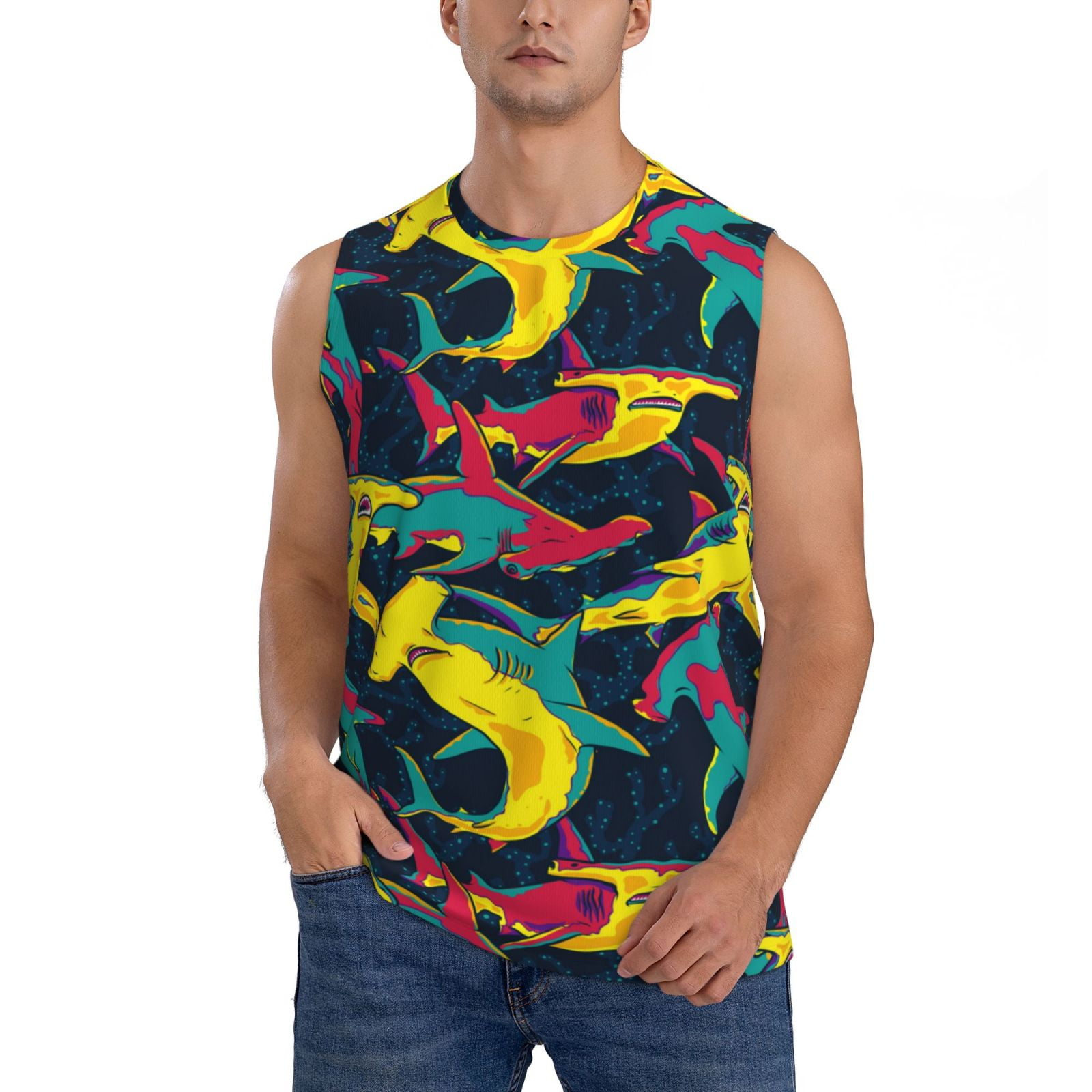 Bixox Men's Colorful Sharks Printed Shirt Sleeveless Fitness Tank Top ...