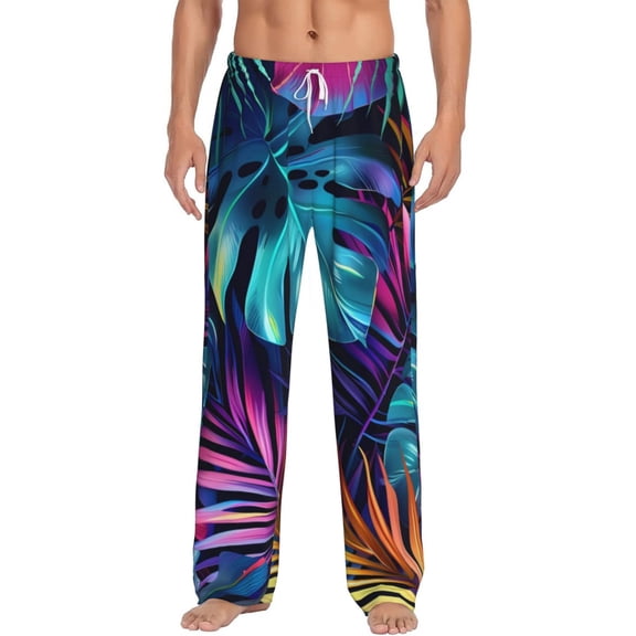 Bixox Men's Colorful Tropical Leaves Patterned Pajama Pants with Pockets Lounge Clothes for Home