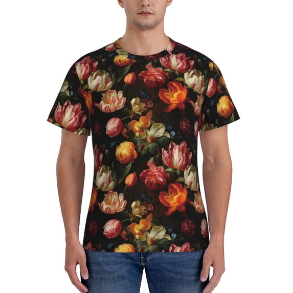 Bixox Men's Colorful Tulips Printed Short Sleeve Skinny Athletic T-Shirt