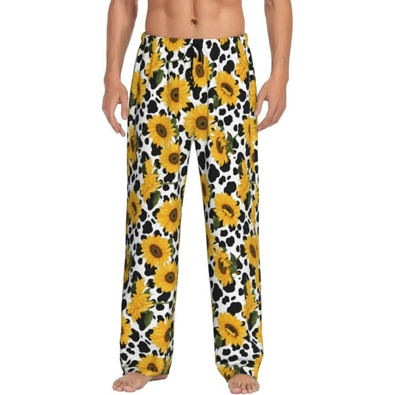 Bixox Men's Cow Print Sunflower Patterned Pajama Pants with Pockets Lounge Clothes for Home