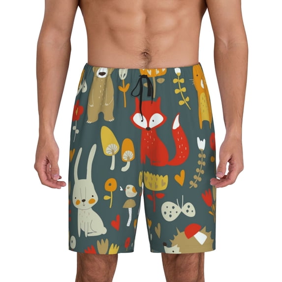 Bixox Men's Cute Animal Forest printed lightweight casual shorts, soft sleep shorts with pockets.