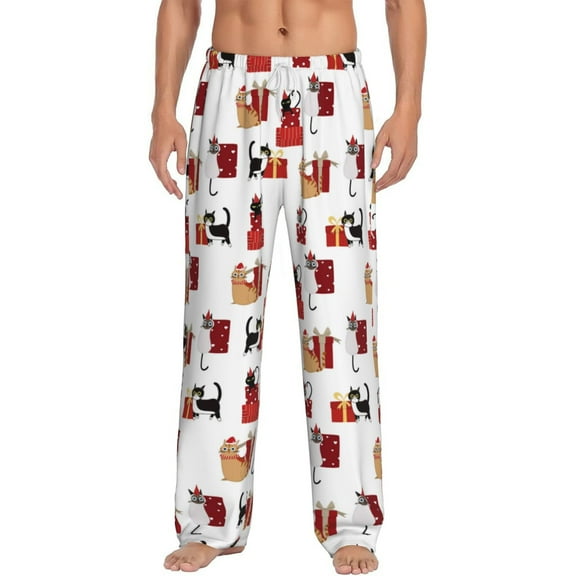 Bixox Men's Cute Cat And Christmas Gift Patterned Pajama Pants with Pockets Lounge Clothes for Home