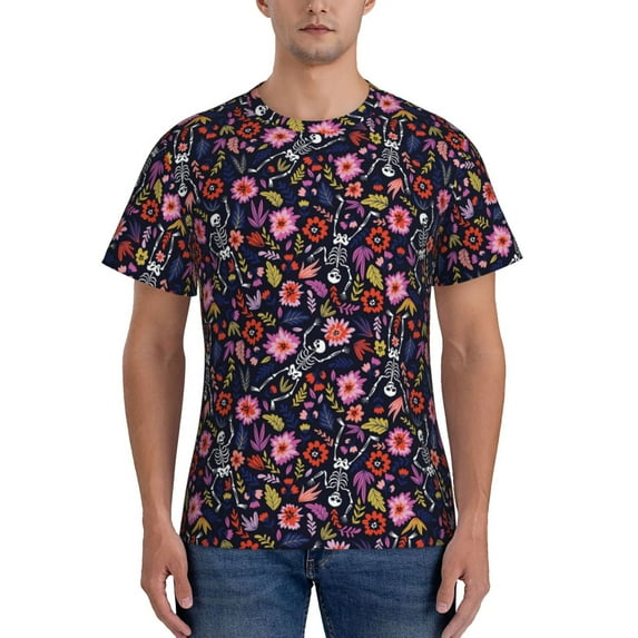 Bixox Men's Dancing Skeletons Floral Garden Printed Short Sleeve Skinny Athletic T-Shirt