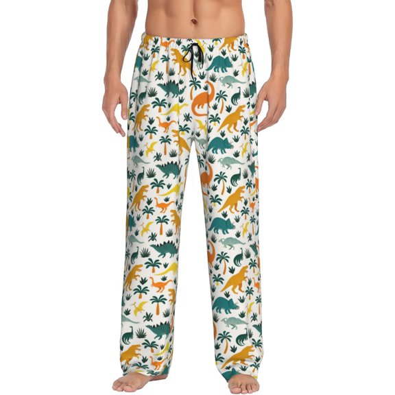 Bixox Men's Dinosaurs and Tropical Leaves Patterned Pajama Pants with Pockets Lounge Clothes for Home