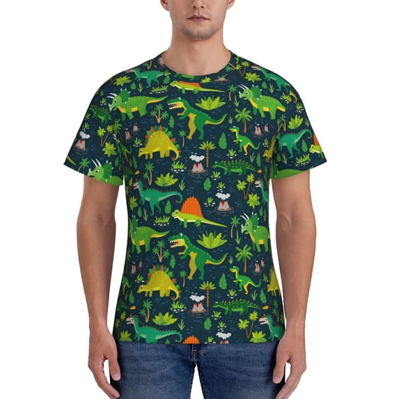 Bixox Men's Dinosaurs and Tropical Leaves and Flowers Printed Short Sleeve Skinny Athletic T-Shirt