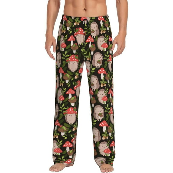 Bixox Men's Edgehog and Mushrooms Patterned Pajama Pants with Pockets Lounge Clothes for Home