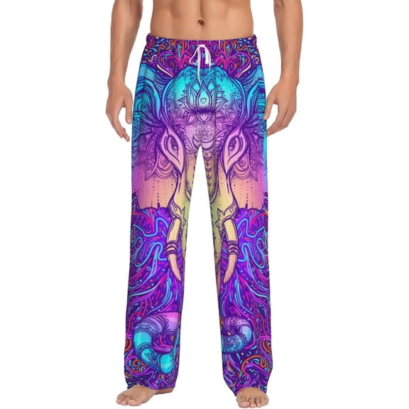 Bixox Men's Elephant in Tribal Style Patterned Pajama Pants with Pockets Lounge Clothes for Home