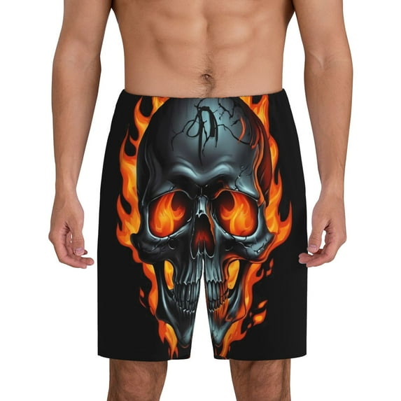 Bixox Men's Flame Metal Skull printed lightweight casual shorts, soft sleep shorts with pockets.