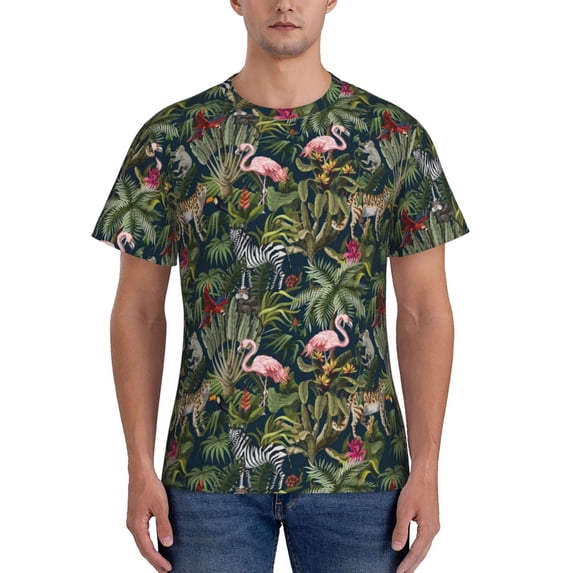 Bixox Men's Flamingos And Palm Leaves Printed Short Sleeve Skinny Athletic T-Shirt